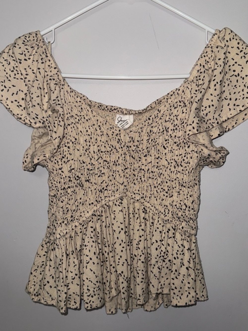 Japna Cream Smocked Ruffled Blouse with Black Speckle Print Size S